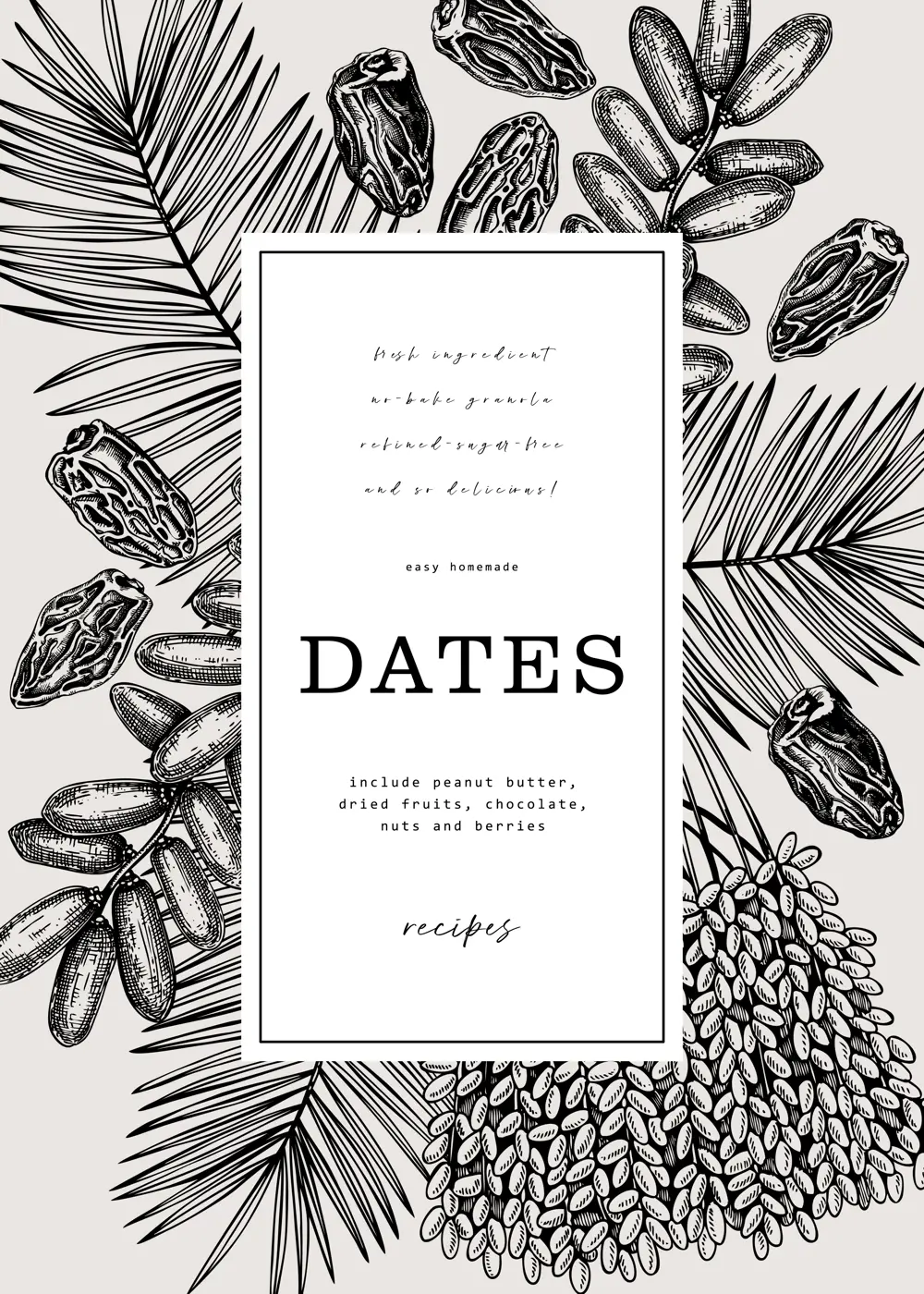 Sketched wreath design with date palm leaves and dried fruits illustrations in engraved style. Hand drawn vegan food ingredients vector card template. Dried dates sketches banner Illustration
